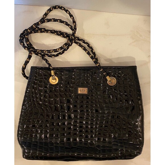 Vintage Studio Bag 1980’s Chanel Style Black Moc Crocodile Shoulder Purse Chic - Picture 1 of 12